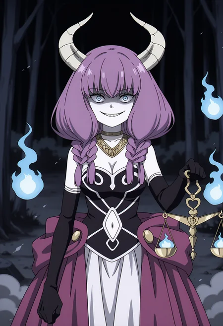 anime screencap, masterpiece, best quality,
<lora:SousouNoFrieren_Aura_IlluXL:0.9>,
1girl, solo, crazy smile,
purple hair, low-braided long hair, blue eyes, demon horns,
AuraSSnF, neck ring, necklace, black corset, medium breasts, cleavage, navel cutout, white skirt, overskirt, purple skirt, elbow gloves, black gloves, 
holding scale, arm at side, balance scale, hitodama,
standing, looking at viewer, aura, grayscale,
horror theme, dark, night, forest, black background, dust, dust cloud, night sky, blurry background