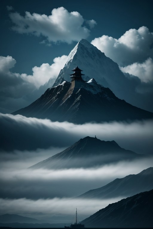 "Serene Sail" - Title: "Temple in the Sky"
Minimalist ink sketch, double exposure effect, featuring a small Buddhist temple nestled high among mountain peaks and glaciers, while a mystical sailboat with a solitary sail glides through vast cumulus clouds, style reminiscent of Nihonga and Ukiyo-E, imbued with a perfect composition, an epic dreamy atmosphere, sharp focus, intricate details, trending on ArtStation, highly detailed work styled by Greg Rutkowski.