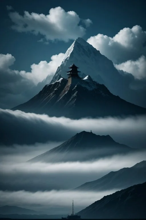 "Serene Sail" - Title: "Temple in the Sky"
Minimalist ink sketch, double exposure effect, featuring a small Buddhist temple nestled high among mountain peaks and glaciers, while a mystical sailboat with a solitary sail glides through vast cumulus clouds, style reminiscent of Nihonga and Ukiyo-E, imbued with a perfect composition, an epic dreamy atmosphere, sharp focus, intricate details, trending on ArtStation, highly detailed work styled by Greg Rutkowski.
