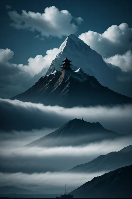 "Serene Sail" - Title: "Temple in the Sky"
Minimalist ink sketch, double exposure effect, featuring a small Buddhist temple nestled high among mountain peaks and glaciers, while a mystical sailboat with a solitary sail glides through vast cumulus clouds, style reminiscent of Nihonga and Ukiyo-E, imbued with a perfect composition, an epic dreamy atmosphere, sharp focus, intricate details, trending on ArtStation, highly detailed work styled by Greg Rutkowski.