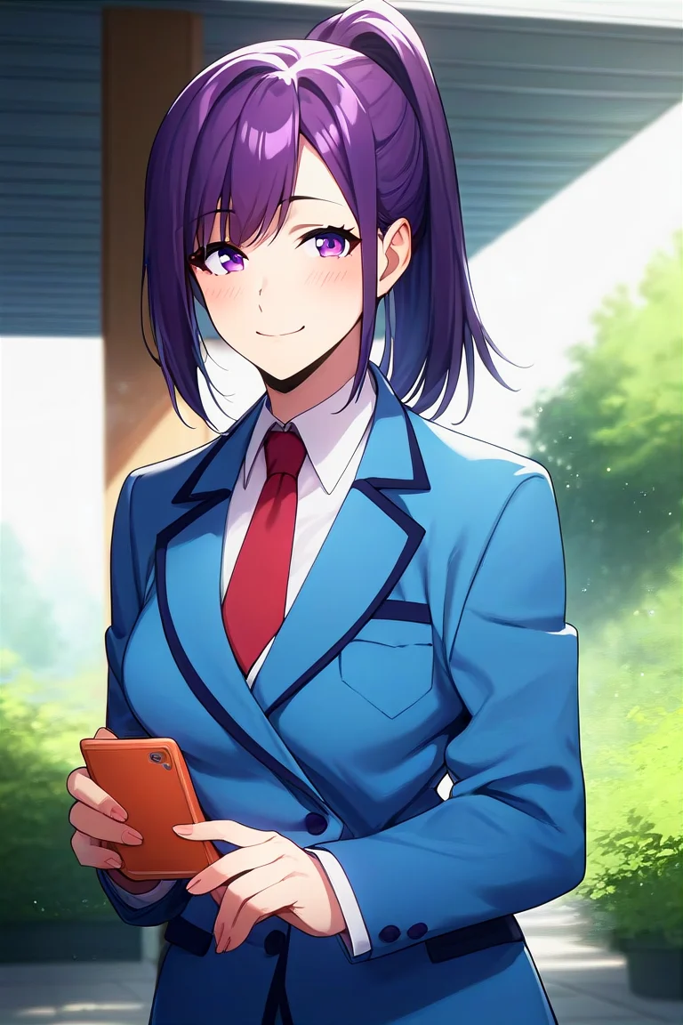 score_9, score_8_up, score_7_up, score_6_up, score_5_up, score_4_up, rating_questionable, , source_anime, digital illustration, pixiv, fanbox, uncensored, , BREAK, official art,
1girl, solo, female,  sung jinah, purple eyes, purple hair, ponytail, sidelocks, medium breasts,
school uniform, blue blazer, red tie,  light smile,  outdoors, blush, cowboy shot, looking at viewer,   <lora:Sung_Jinah-10:0.9>