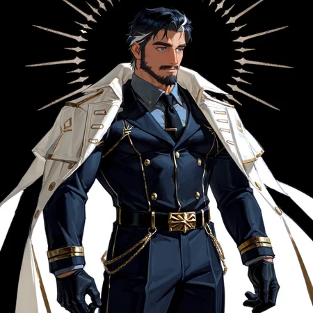 <lora:Yhan__Wuthering_Waves-000009:.7>, Yhan, Black Hair, white highlights, blue eyes, mustache, goatee,, White shawl coat, black gloves,
cowboy shot,
(very short hair, beard, bara, mature, facial hair, stubble, beard, full beard, sideburn, beard, a lot of beard, ), facial hair,male focus, muscular male, muscular male, bara, mature,  bara, mature, aixiwuganda_(20222192), very awa, masterpiece, best quality, absurdres, newest, perfect quality, detailed background, intricate details,
<lora:slider_Body Type_alpha1.0_rank4_noxattn_last:3><lora:Anime Summer Days 2 Style SDXL_LoRA_Pony Diffusion V6 XL:.6><lora:slider_cfg_scale_boost:.7><lora:Artist6p:.55>, Artist6p, Artist04p,<lora:slider_il_brightness_slider_d1:-1><lora:slider_il_contrast_slider_d1:-1><lora:slider_DarkSlider1.2_alpha1.0_rank16_full_300steps:-.6><lora:slider_contract_controller_illus01_v1:.5>,