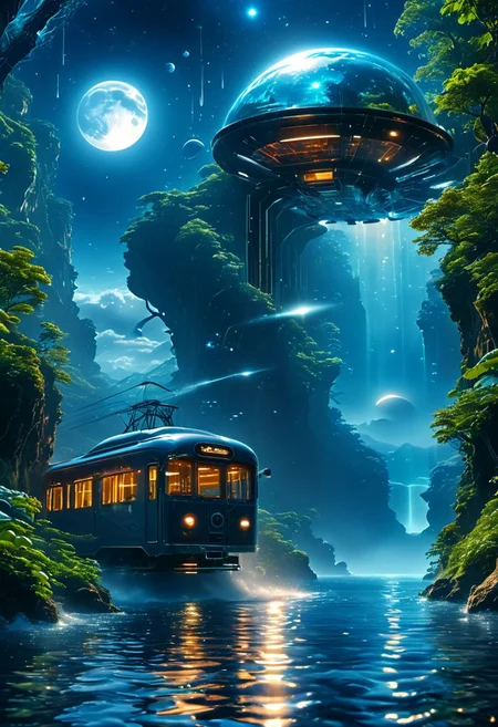 aaAR7gs, uturistic and cinematic scene, an advanced tram with single sleek transparent glass exterior, railway track on bridge, traveling through a breathtaking landscape, with mountains on distant, futuristic surrealism Japanese building at on cliffs,  the tram interior is filled with aliens, the surrounding environment is bathed in soft ethereal light filtering through gaps in the dense foliage, casting a glow on the reflective water below, the atmosphere is serene and otherworldly, combining elements of nature and futuristic technology, low-key, dark, flying cars, blue theme, power lines, huge planets in sky with ring, reflection, water mirror, ufo, (night:1.4), splash, waves, best quality, masterpiece, highres, intriguing details, best aesthetics, winning photography, moon,