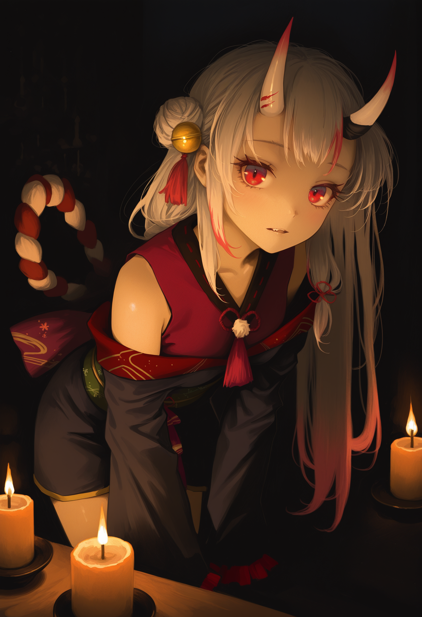 painterly, nakiri ayame, artist:[caravaggio|kojima ayami|reddizen|cursedweeboo|daodtt|diao \(nrays\)|ravine bells],
1girl, oni horns, short kimono, small horns, (fang:0.8), parted lips, long hair, long eyelashes, red eyes, looking at viewer, leaning forward, dark, shimenawa, candle, black theme,
newest, impasto, brushstroke, impressionism, chiaroscuro, oil painting \(medium\), newest, absurdres, masterpiece, very aesthetic