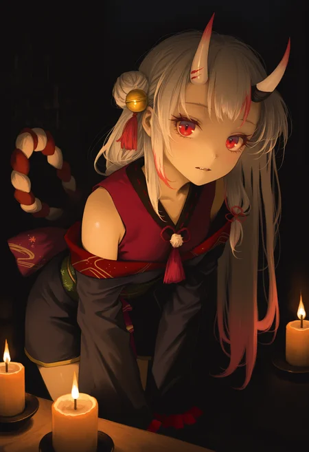 painterly, nakiri ayame, artist:[caravaggio|kojima ayami|reddizen|cursedweeboo|daodtt|diao \(nrays\)|ravine bells],
1girl, oni horns, short kimono, small horns, (fang:0.8), parted lips, long hair, long eyelashes, red eyes, looking at viewer, leaning forward, dark, shimenawa, candle, black theme,
newest, impasto, brushstroke, impressionism, chiaroscuro, oil painting \(medium\), newest, absurdres, masterpiece, very aesthetic
