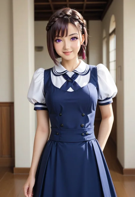 in monastery, (hand on waist, kimura manatsu, short hair, skirt, brown hair, shirt, single side braid hair, bob-cut, standing, school uniform, standing, purple eyes, white shirt, short sleeves, (blue pinafore dress), puffy sleeves, indoors, cowboy shot) 1girl, best quality, cowboy shot, seductive smile, Overall Detail, (slim, looking at viewer, young-adult), large breast, Fix hand <lora:Kimura_Manatsu_ATSK_Pony:1>