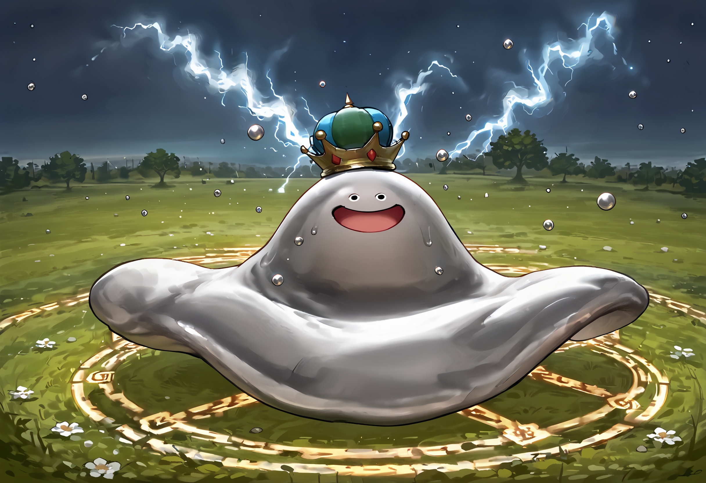 score_9,score_8_up,score_7_up,super detailed,extreme detailed,zPDXL,source anime BREAK no humans,no_legs,nature,field,night,rain,hagureking,:D,laughing,<lora:hagureking-pony:0.7>,magic,magic circle,energy_barrier,thunder,lightning,sparkling,