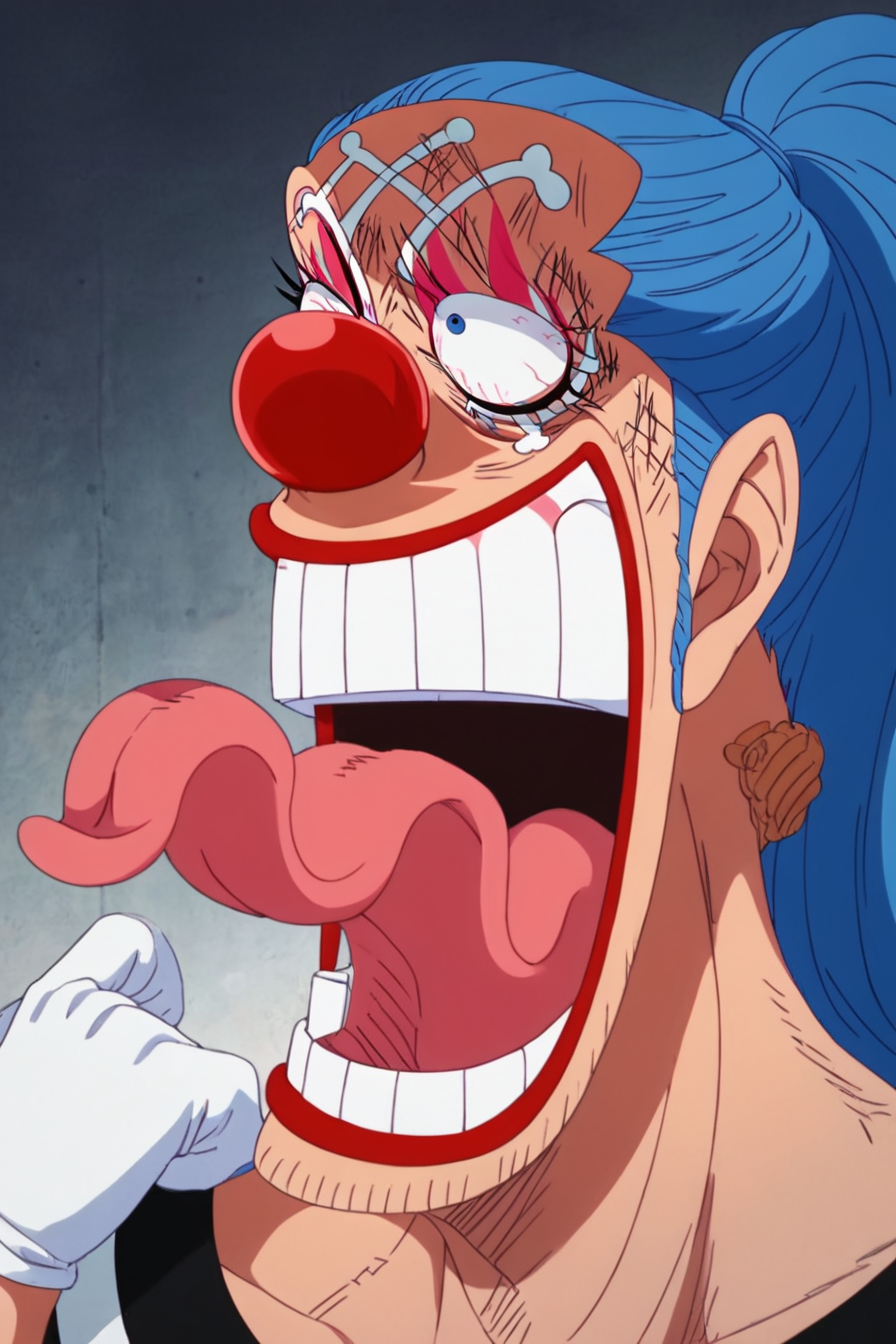 score_9, score_8_up, score_7_up, score_6_up, score_5_up, score_4_up,<lora:Buggy:0.8>, Buggy, blue hair, blue eyes, ponytail, clown nose, clown makeup, white gloves, 1boy, alone, masterpiece, highres, highly detailed face, <lora:onepiece_funny_face:1>,  one_piece_funny_face, eye pop, snot, sharp teeth, eyes vein lines, open mouth, tongue out, long tongue