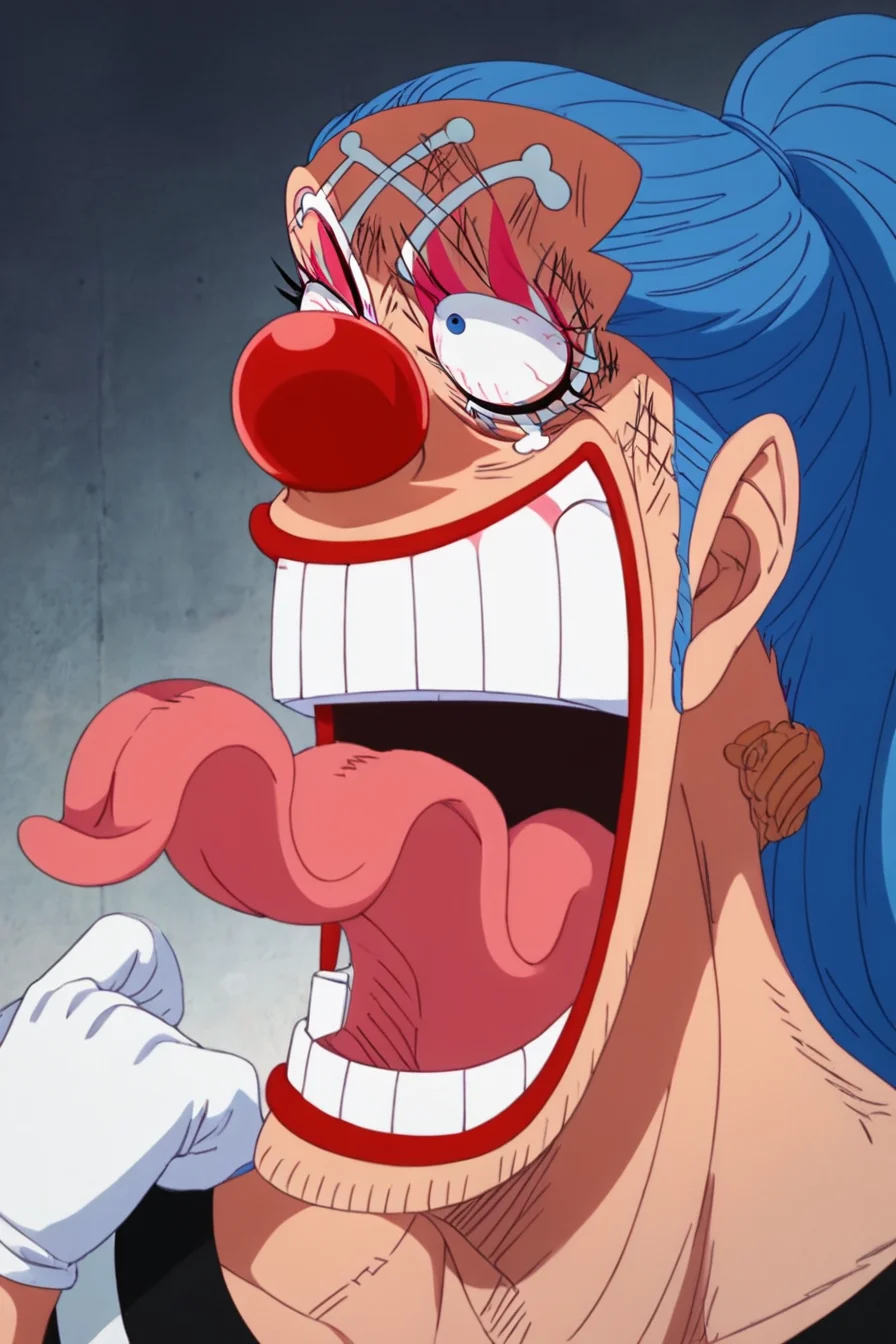 score_9, score_8_up, score_7_up, score_6_up, score_5_up, score_4_up,<lora:Buggy:0.8>, Buggy, blue hair, blue eyes, ponytail, clown nose, clown makeup, white gloves, 1boy, alone, masterpiece, highres, highly detailed face, <lora:onepiece_funny_face:1>, one_piece_funny_face, eye pop, snot, sharp teeth, eyes vein lines, open mouth, tongue out, long tongue