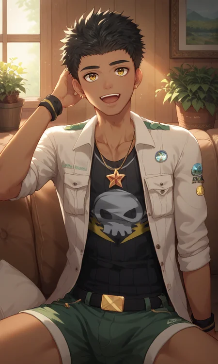 score_9, score_8_up, score_7_up, masterpiece, best quality, lots of details, close-up, ((1boy)), Kieran, slim, tan, open mouth, light smile, necklace, jewelry, black wristband, looking at viewer, male focus, sitting, on sofa, jacket, sleeves rolled up, black T-shirt, green shorts, shaded, detailed shading, detailed skin, shaded skin, realistic shading, Expressiveh, countershading:1.1, cabin, living room, indoor plant, indoors, <lora:add-detail-xl:0.7>, <lora:Smooth Anime 2 Style SDXL_LoRA_Pony Diffusion V6 XL:0.8>, <lora:Expressive_H:0.8>, <lora:Kieran_XL_V10:0.9>