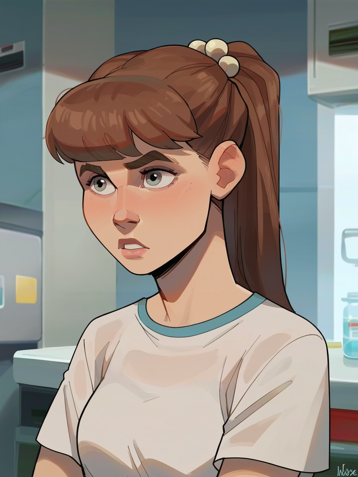 <lora:monster_girlv2:0.6> m_g, 1girl, brown ponytail hair, bangs, hairpin, small body, skinny body, grey eyes,   <lora:incase_v14:0.9> breasts, female, score_9, score_8_up, score_7_up,