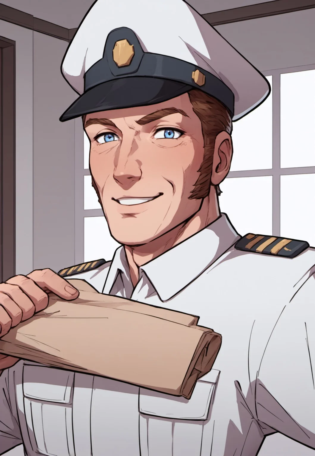safe_pos, score_9, score_8_up, score_7_up, source_anime, rating_nsfw, ultra hd, absurdres, solo, masterpiece, best quality, best aesthetic, Expressiveh, wolfconf, 1boy

JabCaptain, hat, blue eyes, short hair, brown hair, sideburns, uniform, military, portrait, headshot, looking at viewer, smiling