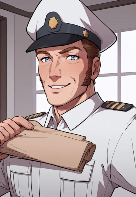 safe_pos, score_9, score_8_up, score_7_up, source_anime, rating_nsfw, ultra hd, absurdres, solo, masterpiece, best quality, best aesthetic, Expressiveh, wolfconf, 1boy

JabCaptain, hat, blue eyes, short hair, brown hair, sideburns, uniform, military, portrait, headshot, looking at viewer, smiling