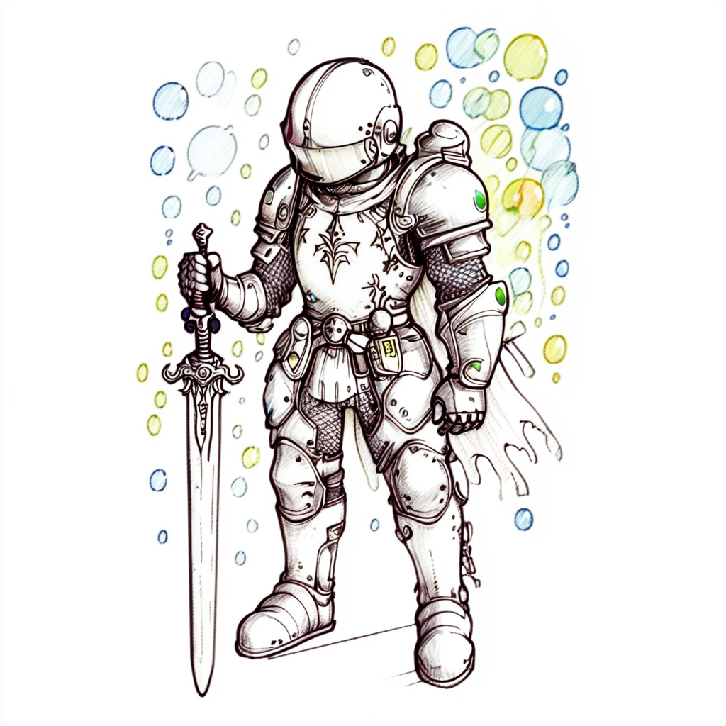 ArsMJStyle, Whimsical Mechanica, Line Drawing, The image is a black and white line drawing of a knight in full armor. The knight is holding a sword in his right hand and is standing with his left hand on his hip. He is wearing a helmet with a visor and a shield on his chest. The armor is made up of multiple layers of armor including a chest plate breastplate and knee pads. The helmet is also covered in armor and has a large visor. The sword has a long pointed blade and a pointed tip. The background is filled with small colorful bubbles giving the impression of movement. The overall style of the illustration is sketchy and detailed., weapon, sword, solo, armor, holding, holding weapon, holding sword, full armor, cape, helmet  <lora:Whimsical_Mechanica_Line_DrawingSDXL:1>