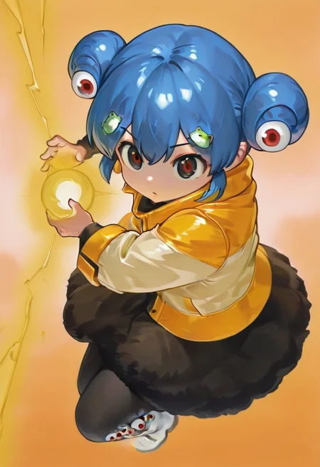 Kamehameha-Charge, bent elbows,arms on waist level ,hands cupped together, holding energy orb
,chibi,cute, kerchanlu, colorful, anime-style,blue hair,hair betwen eyes, short hair,double buns, hair buns, hair ornament, frog hair ornament, eyes on hair buns, big eyes, black eyes, red pupils,yellow and white jacket, multicolored jacket, jacket over dress, black dress, black skirt, black leggings, eye pattern leggings,fur trim, white boots, eye decorations, whimsical aesthetic, full body,