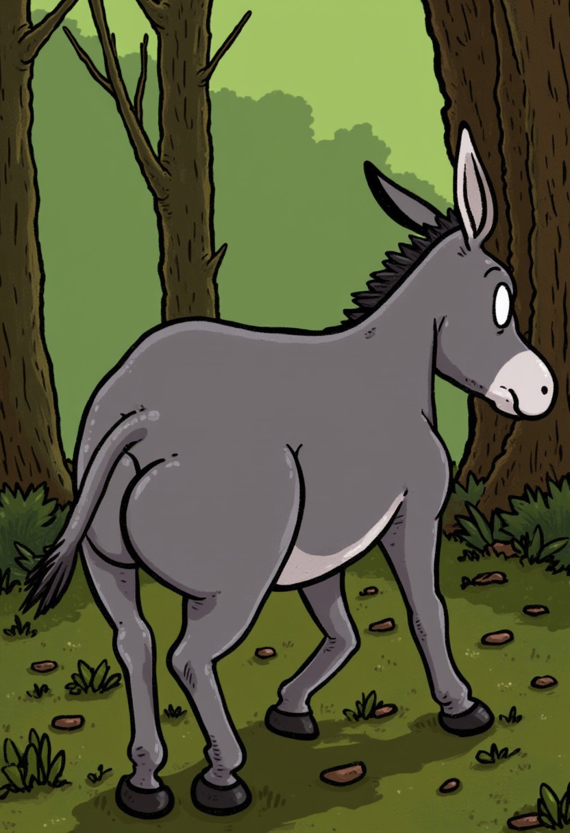 Cartoon illustration of a donkey  with a large, rounded rear end that has a pair of cartoonishly large, round buttocks. Forest background.