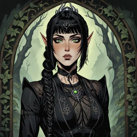 masterpiece, best quality, newest, absurdres, highres, FCMXV1.0, VGE-V1.0, goth fashion, victorian ,1girl, shadowheart \(baldur's gate\), long braid, elf, pointy ears, black hair, braid, side bangs, green eyes,