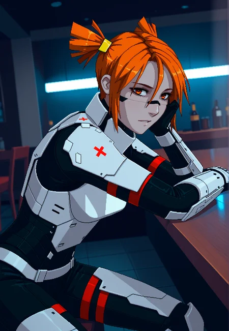1girl, signalis, AliceDv, short hair, 1girl, orange hair, twintails, short twintails, hair ornament, girl, pale skin, white armor, cowboy shot, short hair, orange eyes,low angle, pixel art, absolutely eye-catching, bokhe, sitting, leaning forward, looking at viewer, grey skin, leaning on arm, night, darkness, indoors, blurry background, dynamic angle,depth of field, cinematic,(masterpiece, best quality), safe, amazing quality, very aesthetic,depth of field, detailed foreground, detailed foreground, dappled sunlight, lighting Blue and Red LED Lights, Dim Lighting, Reflective floor, dark room, bar, neon light, absurdres, highres, newest, <lora:SignalisILXL_V1:0.8>, <lora:Alice_illustriousXL_V2:0.5>