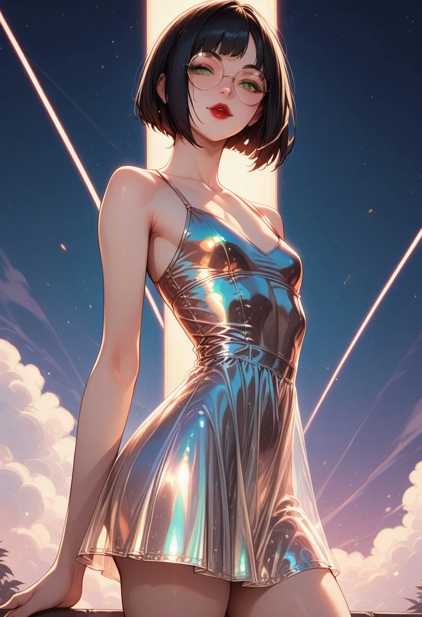 score_9, score_8_up, score_7_up, score_6_up, rating_questionable,y0mUy4k4d4sh1, 1girl, Polly, PollyRH, short hair, bobcut, black hair, bangs, green eyes, small breasts, almost flat chest, slim, pale skin, big round eyeglasses, clear eyeglasses lenses, nice round ass, red lipgloss, HD32k, dynamic pose, aesthetic, perspective, solo, detailed, sensual look, pinup pose, night, outdoor, , sensual look, pinup pose, starrynightdress, front view