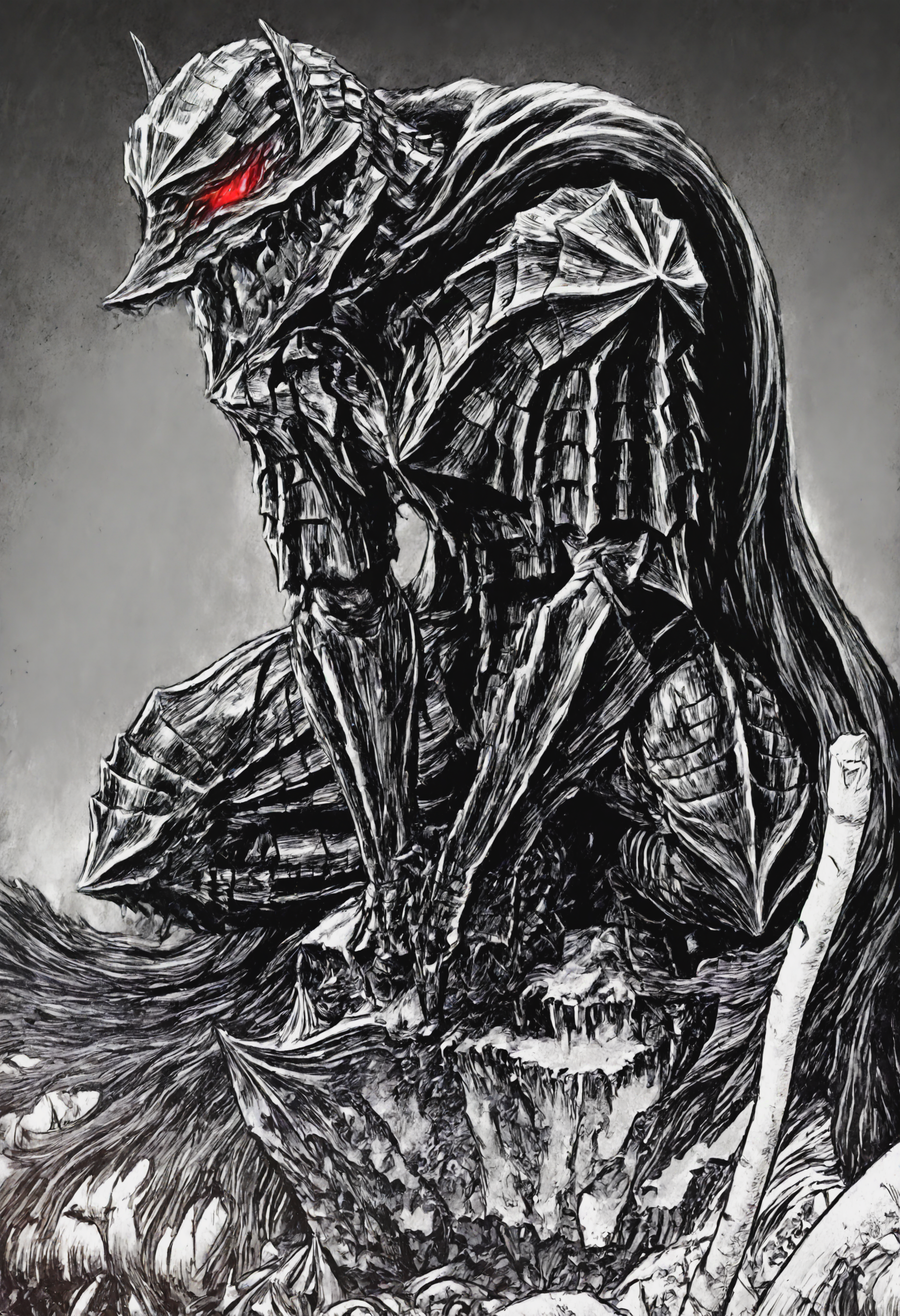 kentaro_miura_style, XUER guangying, monochrome, greyscale,,guts \(berserk\), berserk armor, 1boy, solo, dragon slayer, cape, helmet, red eyes,masterpiece, best quality, newest, absurdres, highres, very awa, detail pupil, detail background <lora:None:1.0> <lora:ä¸æµ¦å¥å¤ªé-Kentaro_Miura_(Berserk)_style_illustriousXL:0.9500000000000002> <lora:DNFé£æ ¼-Dungeon_&_Fighter_style_(DNF_style&DFO_style)_Style-Noob:0.5000000000000001> <lora:åæ¶æå¾åå½±è´¨æå¢å¼ºV3-Xu_Er_thick_paint_composition_light_texture_enhancement:0.25000000000000006> <lora:æ ¼æ¯-Guts-Berserker_Armor:0.8000000000000002>