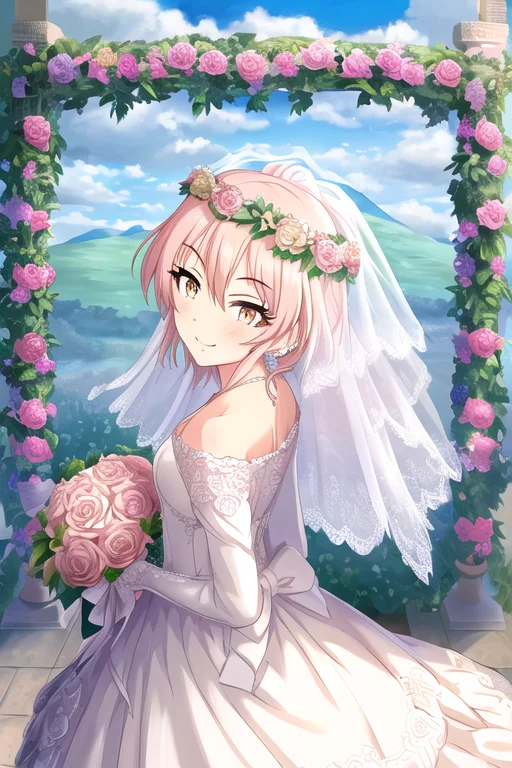 Jougasaki Mika, 1girl, back bow, blue sky, blush, bouquet, bow, bridal veil, bride, cloud, dress, falling feathers, falling petals, floating hair, flower, head wreath, holding, holding bouquet, light smile, looking at viewer, looking back, off-shoulder dress, off shoulder, petals, pink hair, reaching towards viewer, sky, solo, veil, wedding dress, white dress
<lora:deresute-000016:1>