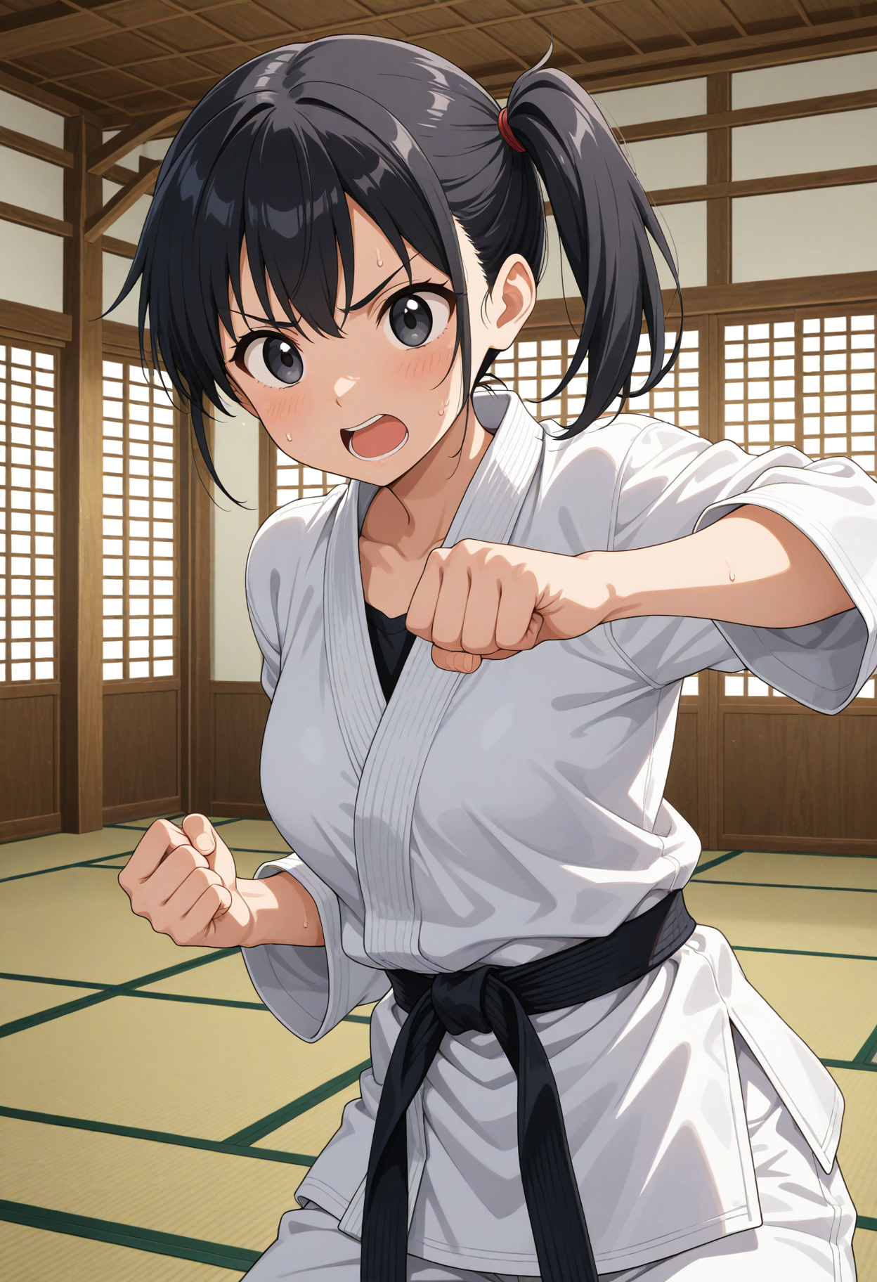 1girl, solo, black hair, side ponytail, black eyes, karate gi, medium breasts,  
punch, v-shaped eyebrows, open mouth, sweatdrop,
indoors, dojo, tatami, upper body, 
general, masterpiece, best quality, very aesthetic, absurdres, anime coloring,, <lora:dmd2_sdxl_4step:1>
