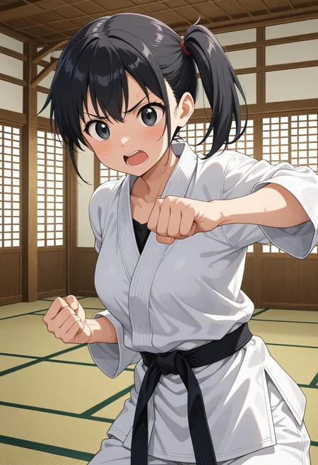 1girl, solo, black hair, side ponytail, black eyes, karate gi, medium breasts,  
punch, v-shaped eyebrows, open mouth, sweatdrop,
indoors, dojo, tatami, upper body, 
general, masterpiece, best quality, very aesthetic, absurdres, anime coloring,, <lora:dmd2_sdxl_4step:1>
