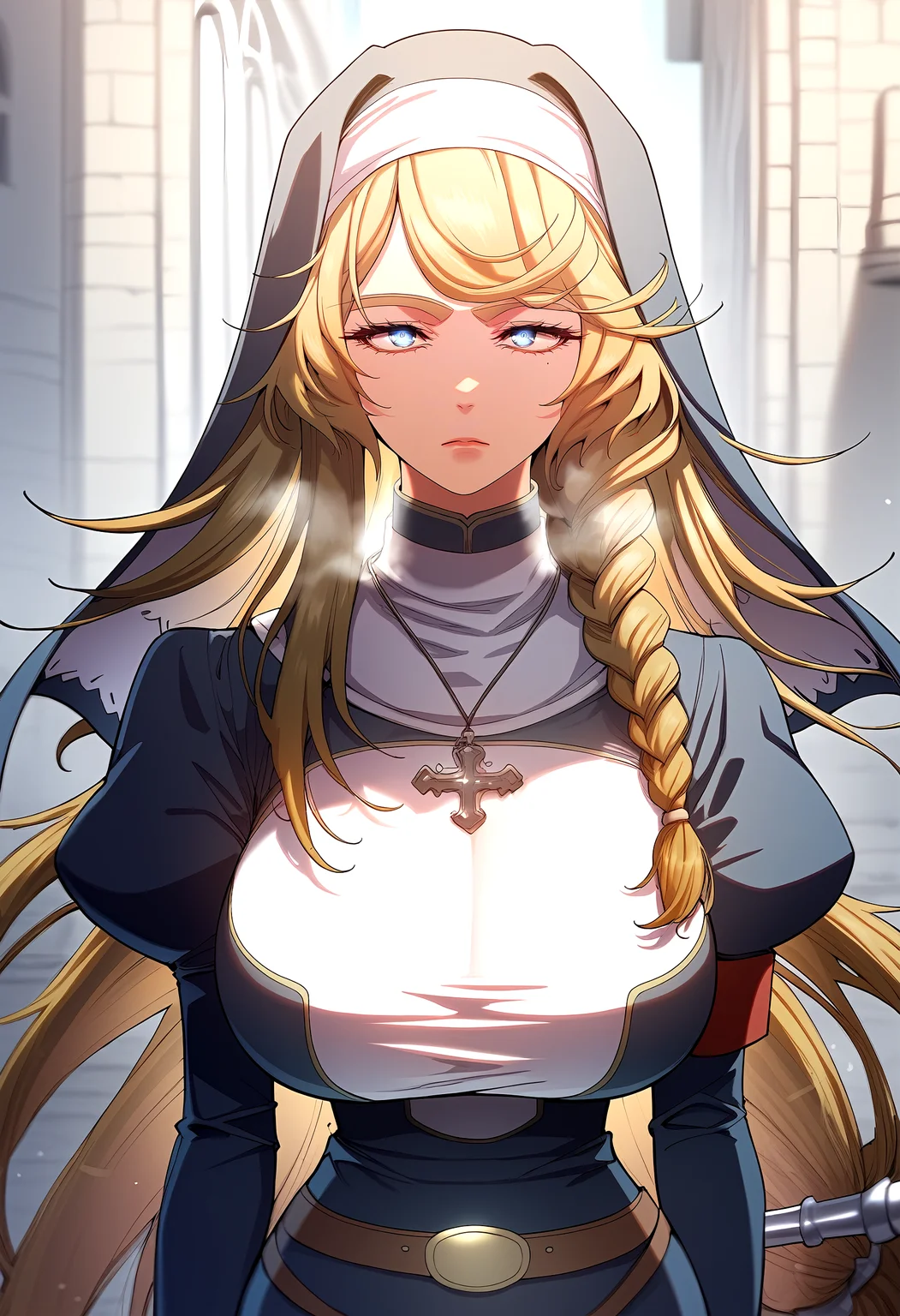 score_9, score_8_up, score_7_up, score_6_up, source_anime, rating_explicit, <lora:neg4all_bdsqlsz_V3.5:2.0>1girl, (solo:1.2), huge breasts, <lora:Christina Logerisponyxl:1> long hair, nun, blonde hair, habit, bangs, single braid, blue eyes, mole under eye, very long hair, cross necklace, jewelry, puffy sleeves, juliet sleeves, long sleeves, belt, expressionless, Narrow shoulders, heavy breathing, steaming body, castle, outdoor, walking, close-up
