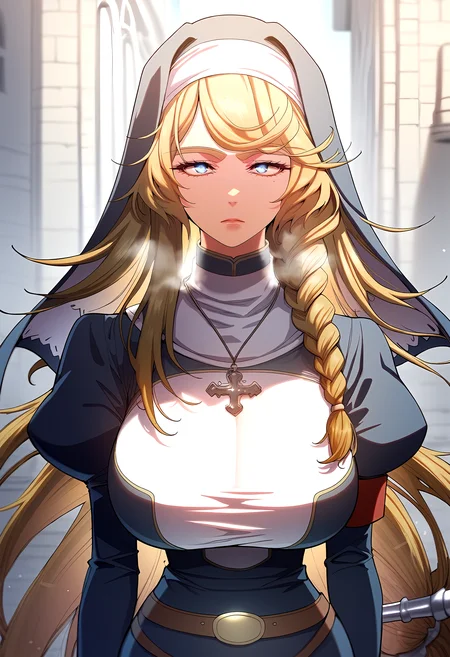 score_9, score_8_up, score_7_up, score_6_up, source_anime, rating_explicit, <lora:neg4all_bdsqlsz_V3.5:2.0>1girl, (solo:1.2), huge breasts, <lora:Christina Logerisponyxl:1> long hair, nun, blonde hair, habit, bangs, single braid, blue eyes, mole under eye, very long hair, cross necklace, jewelry, puffy sleeves, juliet sleeves, long sleeves, belt, expressionless, Narrow shoulders, heavy breathing, steaming body, castle, outdoor, walking, close-up