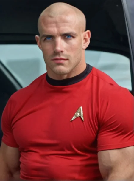 1boy, 20 year old male, Handsome, masculine, blonde, star trek, red shirt, muscle, tall, tight shirt, wide pectorals, big shoulders, wide shoulders, muscular neck, German, bald, big pale blue eyes, abs, biceps,
stunf, star trek uniform,