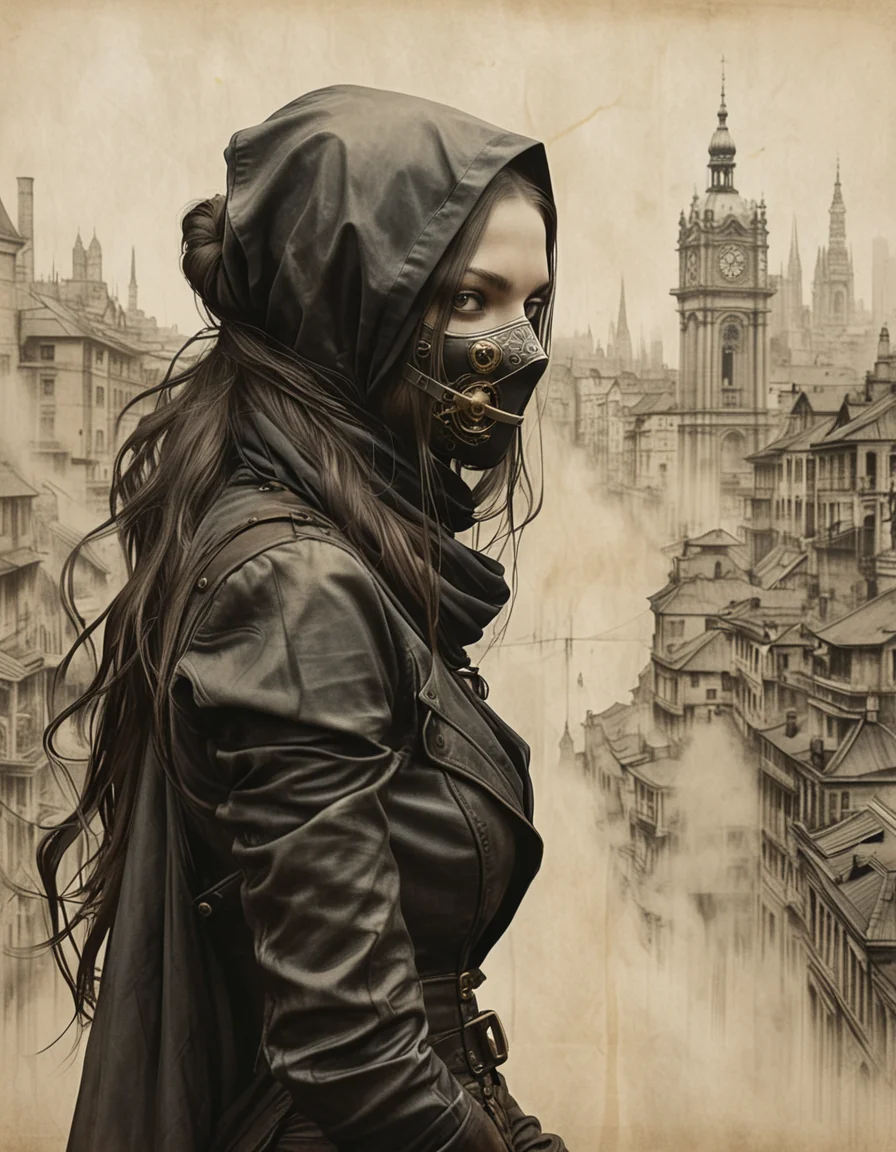Ink illustration on parchment. In the midst of a steampunk cityscape, a mysterious female assassin emerges, her long hair flowing beneath a dark cowl. Assassin Mask, by Nadav Kander, Maximilian Suppantschitsch.