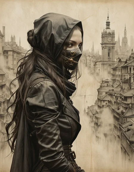 Ink illustration on parchment. In the midst of a steampunk cityscape, a mysterious female assassin emerges, her long hair flowing beneath a dark cowl. Assassin Mask, by Nadav Kander, Maximilian Suppantschitsch.
