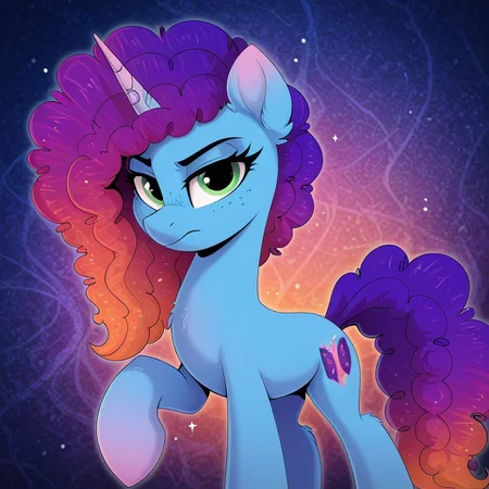 resolution, masterpiece, high resolution, (SOLO: 1.2), wild, detailed background,
Misty Brightdawn, blue body unicorn,( eyes green:1.1) ,,solo plain background, , solo,, FIGHTING STANCE, , LOOK AT THE VIEWER, ABSTRACT BACKGROUND,
misty, unicorn, pony, freckles, blue body, rebirth look, gradient hair, purple and orange hair <lora:Misty111:1> Misty Brightdawn