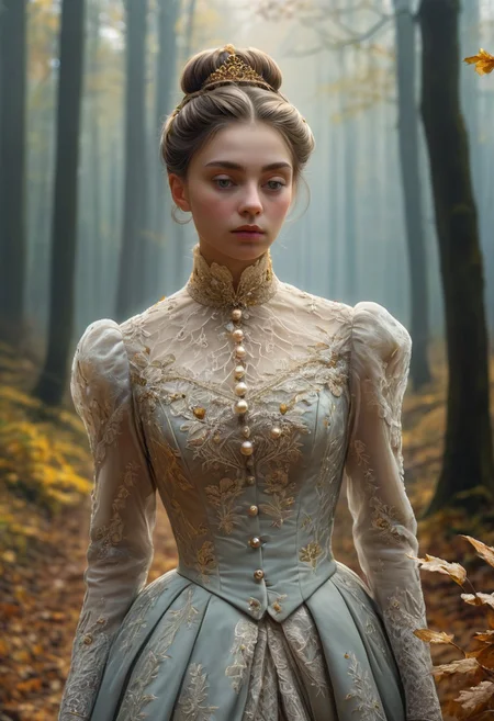 epiCRealism, masterpiece, highly detailed, one girl in a extremely detailed Victorian dress, lace and embroidery with golden leaves and pearls, hair made in a high bun, she walks alone through a late autumn forest in a cold morning, the Sun has just risen and timid sun-rays pierce the autumn leafs and reaches the early mist that clings to the earth, time stands still while  early snowflakes falls from a grey sky