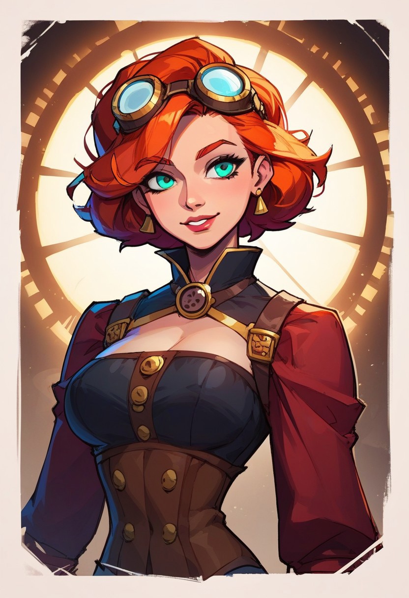 score_9, score_8_up,  score_9, score_8_up,    1woman, <mature face>,  mature body, tall, redhead,  Steampunk engineer,    <revealing outfit>, thin waist, narrow shoulders, wide hips , goggles on top of head,  simple shadows, flat coloring, flat shadows, thick lines, white outline, perfect proportions, <highly detailed,   high resolution, best quality, sharp quality,  clear quality, High-definition, smooth image, bright colors, vibrant colors,  clean lines>,