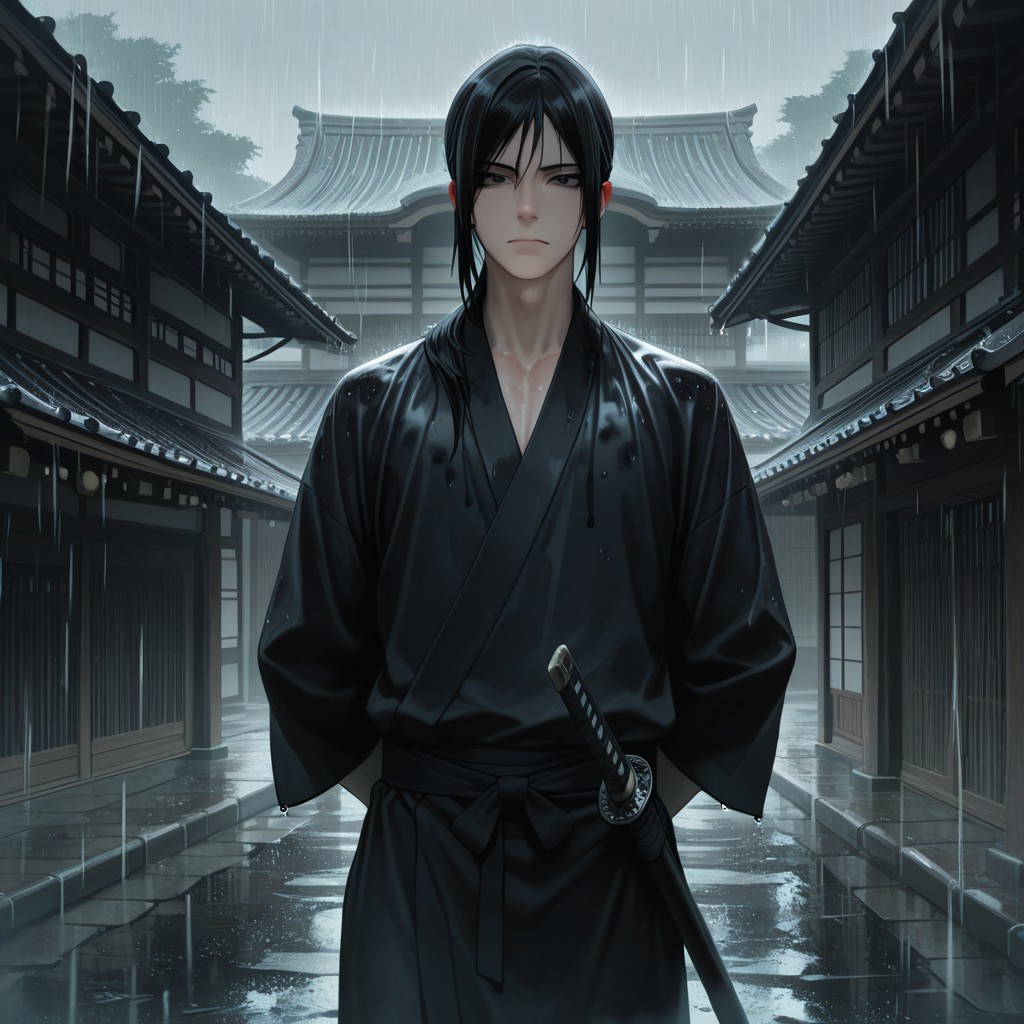 masterpiece, best quality, amazing quality, absurdres, newest, detailed background, definition so sharp, Ultra-HD, 8K cinematic, very awa, impressionate, amazing quality, highres, 
solo, male focus, manly, 
kurohyatogami, kuroh_black hair, kuroh_black eyes, 1boy, low tied hair, long hair, 
standing, hands behind back, calm posture, cool gaze, black kimono, sword on hip, rain, traditional building, serene, powerful, protective, cool, warm presence