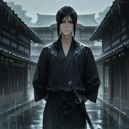masterpiece, best quality, amazing quality, absurdres, newest, detailed background, definition so sharp, Ultra-HD, 8K cinematic, very awa, impressionate, amazing quality, highres,
solo, male focus, manly,
kurohyatogami, kuroh_black hair, kuroh_black eyes, 1boy, low tied hair, long hair,
standing, hands behind back, calm posture, cool gaze, black kimono, sword on hip, rain, traditional building, serene, powerful, protective, cool, warm presence