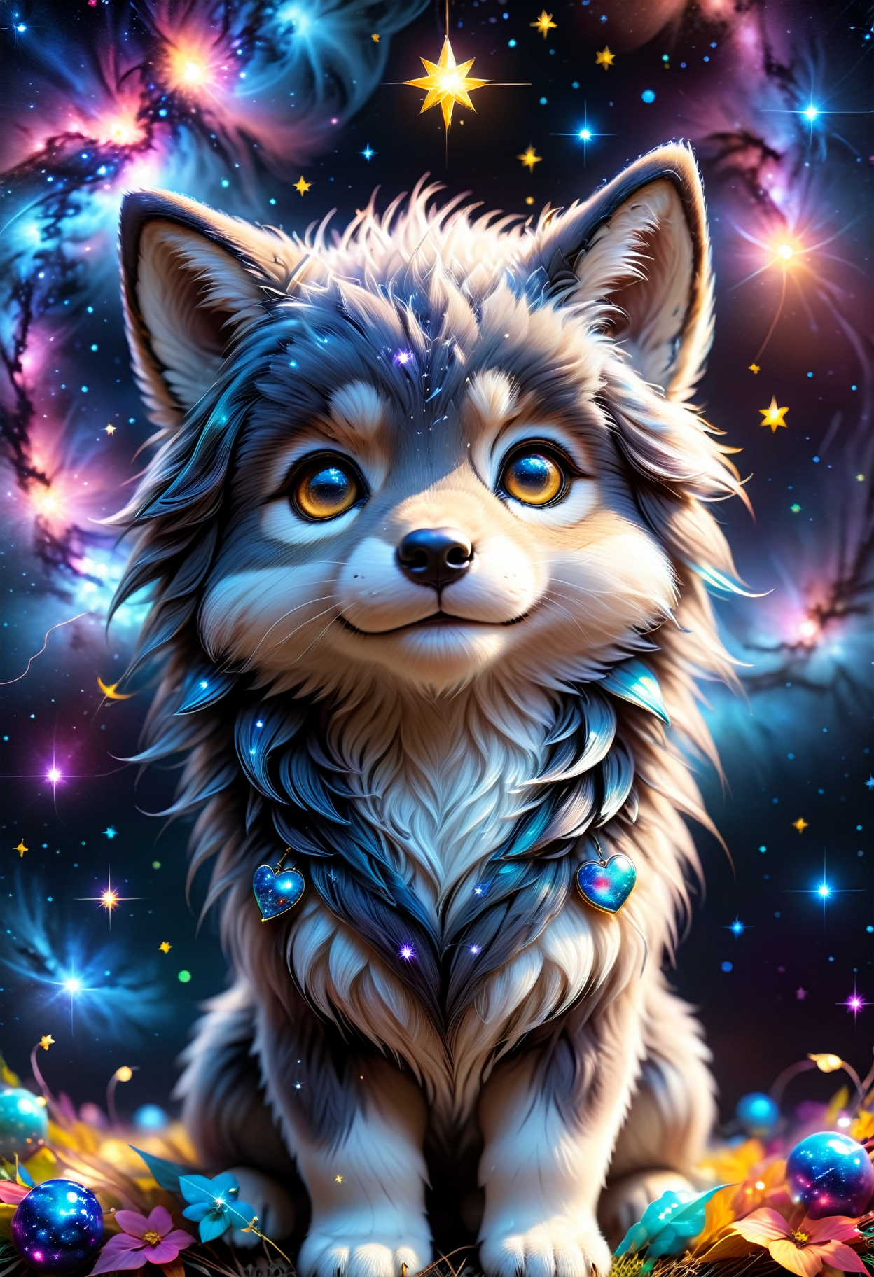 (((videogame_style))), (sharp focus:1.2), lineart, flat color, monochrome, greyscale, depth of field, bokeh, 8k, OLED, 1 baby wulf, being playful, wearing ribbon choker in different colours, different fur, super cute,, The wulf raises its paws towards the viewer, in the galaxy, space wulf flying in the stars,lluminated by the ethereal glow of cosmic lightning, the light is reflecting shadows on the cute animal, for the viewer, it appears alive, as if a glimpse of its inner sparkle is possible, star sky, peacful and grateful atmosphere, painted hearts, magical atmosphere, close up, (((cuteness overload))), <lora:detailed_notrigger:0.9>, zhibi <lora:zhibi:0.8>, <lora:tweak-detail-xl:0.7> <lora:Jed-Cosmos-sdxl:0.7> Jed-Cosmos