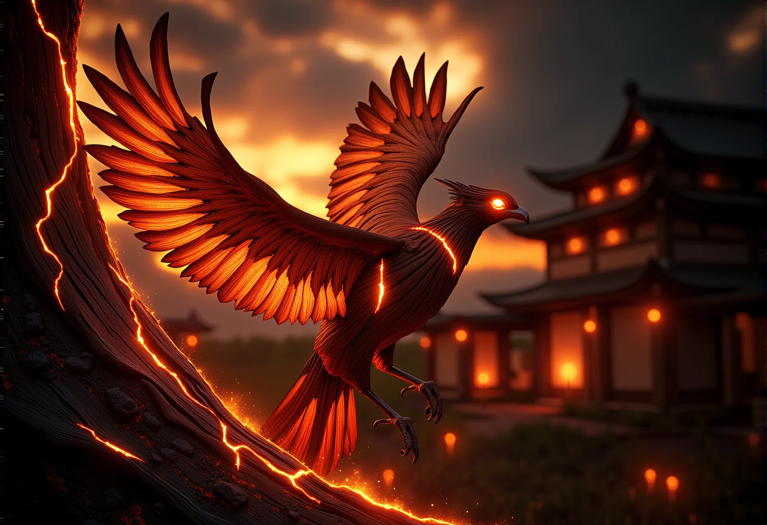 A mythical phoenix rising from glowing wooden ashes, its wings merging with soft, glowing wooden veins, radiating warmth as it soars|A close-up of a tree with ember-like veins glowing faintly against a fiery twilight sky, small patches of bark showing faint glowing wood, gently illuminating the scene}|A panoramic view of a glowing wooden temple at dusk, flickering embers within the wooden veins of the structure, glowing faintly as the light fades}} Epic cinematic lighting, soft glowing wood textures, subtle embers, dramatic shadows, backlit glow, high contrast, soft fog, deep focus, ultra-realistic details, vivid colors, high dynamic range, volumetric lighting, breathtaking scale, photorealism, hyper-sharp focus, intricate details, stunning cinematic atmosphere. , <lora:bv-glowing-wood-v1.safetensors:0.5:0.5>