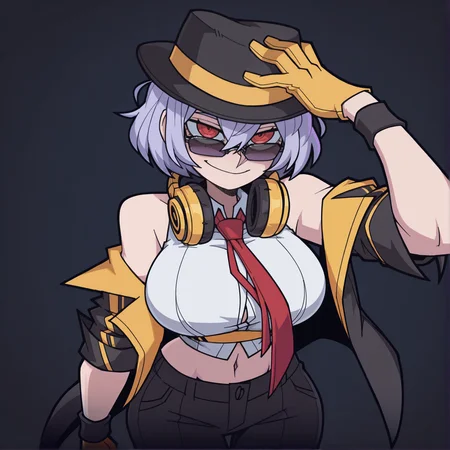 masterpiece,best quality,newest,absurdres,highres,1girl,simple background,pov,dark,looking at viewer,
<lora:GF_Thompson_illu-06:1>,gfthompson,red eyes,purple hair,short hair,hair between eyes,fedora,sunglasses,square sunglasses,tinted eyewear,white shirt,sleeveless shirt,crop top,red necktie,jacket,black jacket,black pants,yellow gloves,navel,midriff,bare shoulders,headphones around neck,wristband,yellow inside jacket,
<lora:VanripperIllustriousXL_byKonan:0.8>,vanripper,
huge breasts,wide hips,
hand on headwear,
smile,