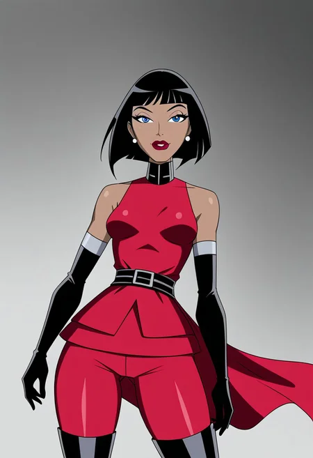1girl, solo, Madame Rouge, DC, short black hair, blue eyes and brown skin, milf, curvy figure with fuller hips and thighs, small breasts, defined waist, red sweater, black turtleneck, double grey belt at waist, sleeveless, off shoulder, high tight pants, red pants, thigh high boots with grey lines, high heels and elbow length black gloves with grey details