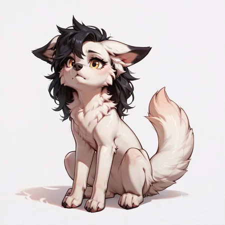 masterpiece,best quality, highly detailed, score_9, score_8_up, score_7_up, score_6_up, BREAK, 1dog, dog, feral, animal, white fur, fluffy ears, black ear tips, fluff ears, fluffy tail, black hair, yellow eyes, long eyelashes, black nose, black tipped ears, white ears, white face, white fur, white background, full body, 4 legs