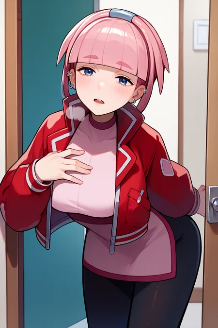 score_9, score_8_up, score_7_up, score_6_up, source_anime, 1girl, solo <lora:pkmnmollie-pdxl-nvwls-v1-000005:1> mollie, pink hair, blunt bangs, short hair, blue eyes, hairband, ear piercing, red jacket, cropped jacket, pink dress, black pantyhose, large breasts, leaning forward, looking at you, hand on own chest, open mouth, blush, heavy breathing, doorway, indoors