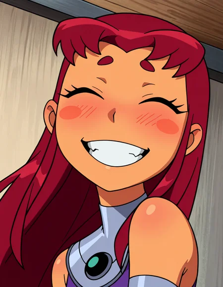 <lora:StarfireIllustrious1.0JLFO:1>, StarfireTT, solo, smile, orange skin, red hair, long hair, closed eyes, 1girl, grin, blush stickers, ^ ^, teeth, armlet,upper body, portrait, looking at viewer,
masterpiece,best quality,amazing quality,very aesthetic,absurdres,newest,