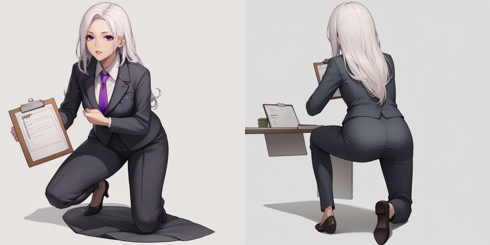 score_9, score_8_up, score_7_up, source_anime BREAK 1girl, solo, simple background, white background, 
<lora:nikke-style-poses-richy-v1_pdxl:1> {nikkecrouching, full body, squatting, purple eyes, looking at viewer, necktie, parted lips, clipboard|nikkeaiming, full body, from behind, facing away, one knee, clipboard}
office lady, suit, pants, white hair, long hair