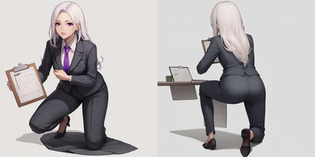 score_9, score_8_up, score_7_up, source_anime BREAK 1girl, solo, simple background, white background, 
<lora:nikke-style-poses-richy-v1_pdxl:1> {nikkecrouching, full body, squatting, purple eyes, looking at viewer, necktie, parted lips, clipboard|nikkeaiming, full body, from behind, facing away, one knee, clipboard}
office lady, suit, pants, white hair, long hair