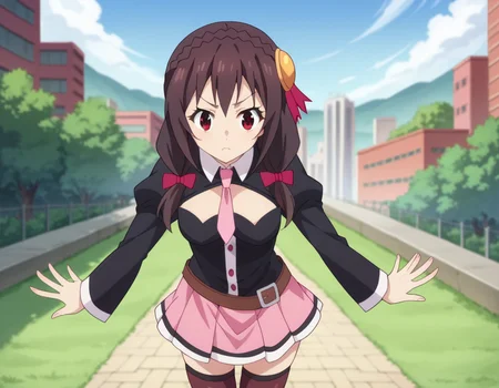 score_9, score_8_up, score_7_up, source_anime,
yunyun, <lora:konosuba-yunyun-s1s2-ponyxl-lora-nochekaiser:1>
yunyun, black hair, hair ornament, red eyes, bow, braid, crown braid,
skirt, thighhighs, long sleeves, necktie, belt, clothing cutout, cleavage cutout, pink skirt, pink necktie,
outdoors, cityscape, bent over,
looking at viewer, dutch angle, cowboy shot,