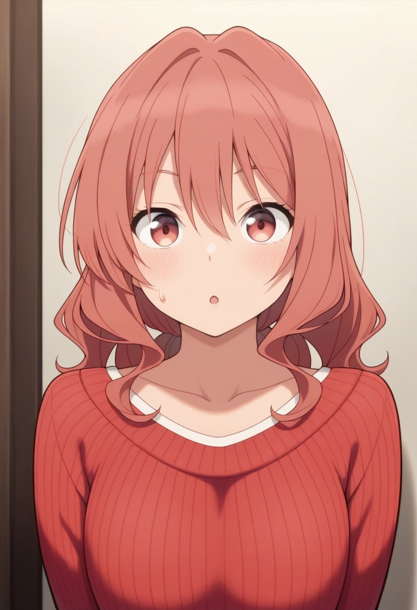masterpiece,best quality,amazing quality, yuna amagami, coral hair, long hair, red eyes, 1girl, solo, looking at viewer, sweater, upper body, sweatdrop,collarbone, :o, red sweater, hair between eyes