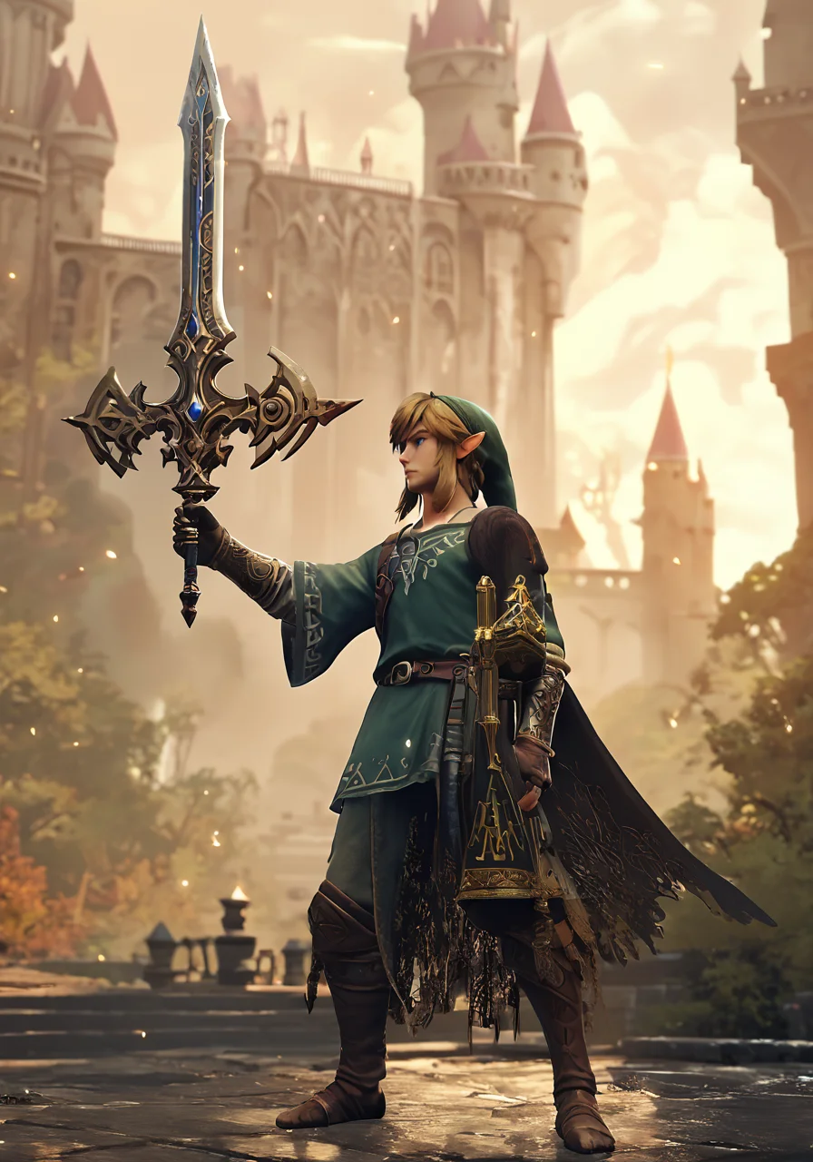 score_9, score_8_up, score_7_up, Link in a castle, holding the master sword, best quality, masterpiece, otherworldly, <lora:eldringpxl:1>, eldringpxl, full body, legend of zelda, pointy ears,