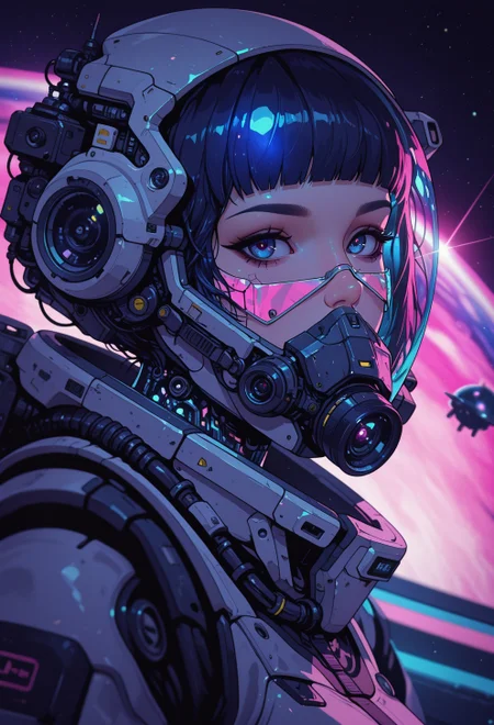 <lora:ck-nc-cyberpunk-IL-000011:0.35>,  masterpiece, best quality, good quality, very aesthetic, absurdres, newest, 8K, depth of field, focused subject, close up, dynamic angle, portrait, a cyberpunk humanoid woman, shiny reflective glas mask, intricate shiny mechanical neon color high tech components visible on her space suit, neonpunk, looking mysteriously at the camera, direct eye contact. a scanner scans the viewer, jjabrams lens flare, light effects, hunter, dutch angle shot. floating in a space nebula,
in the style of cknc, in the style of ck-rw
<lora:MoriiMee_Gothic_Niji_Style_Illustrious_r1:0.5>
<lora:ck-neon-retrowave-IL:0.55>
<lora:ck-shadow-circuit-IL:0.65>